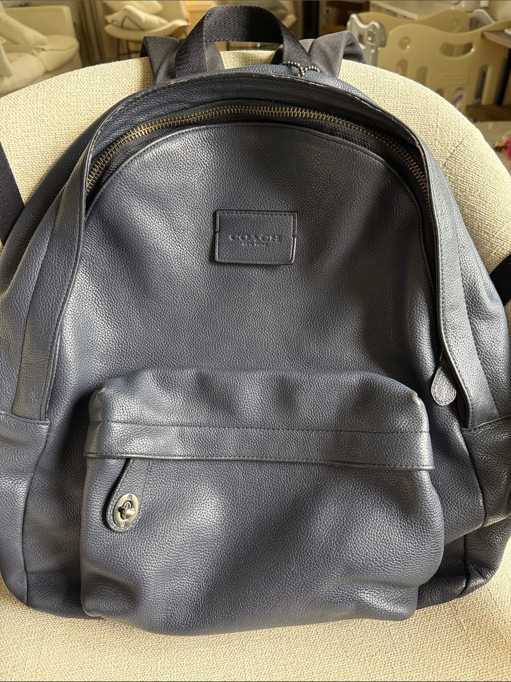 Coach Men's navy  Pebbled genuine Leather Backpack with Front Pocket